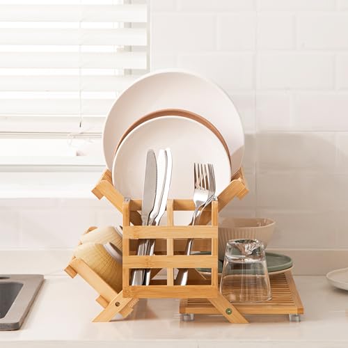Bambooa 3-Tier Collapsible Bamboo Dish Drying Rack with Utensil Holder