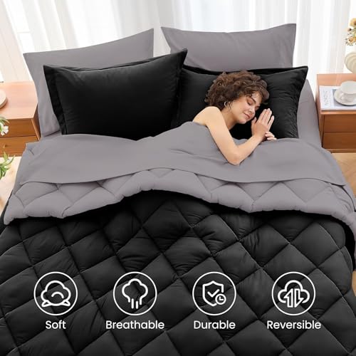King Reversible Comforter Set 7 Pieces - Black and Soot Bed in a Bag, 104x90