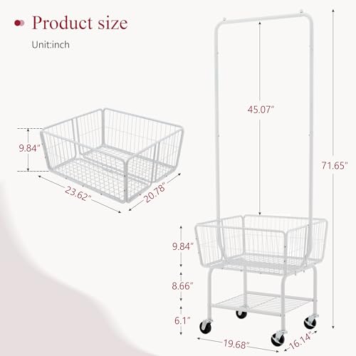 White Rolling Laundry Cart with Hanging Rack & Storage Basket - Multi-Functional Organizer