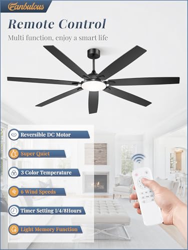 Black 72-Inch Ceiling Fan with Lights Remote Control & 3 Downrods
