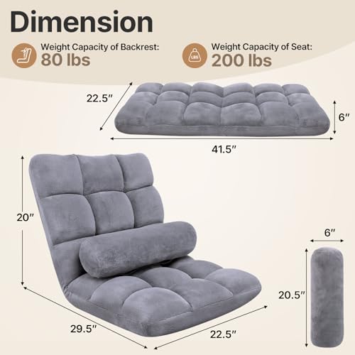 Grey Folding Floor Chair with Back Support & Adjustable 0-90° Recline