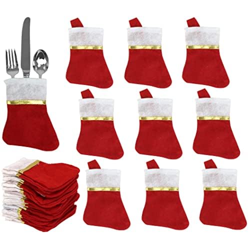 Iconikal 24-Pack Mini Christmas Stockings Red Felt 5x6.25-Inch Gold Ribbon Holiday Decor Ornaments Utensil Holders Wine Bottle Toppers Craft Bulk Pack
