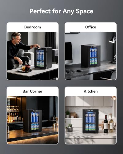 24 Can Beverage Refrigerator - 0.6 Cu.Ft Countertop Mini Fridge with Glass Door, Black