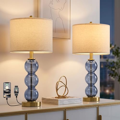 Blue Glass Modern Table Lamp Set of 2 with USB Charging Ports - 25 Inch Bedside Lamps for Living Room & Bedroom