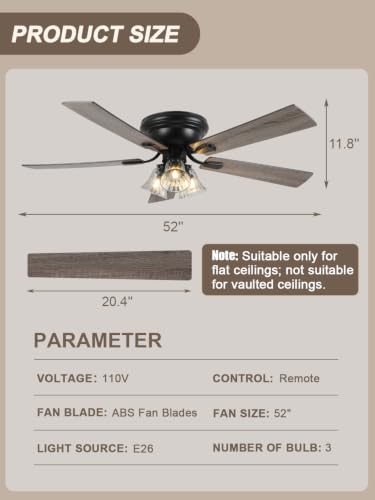 Chords Attic 52 Inch Flush Mount Farmhouse Ceiling Fan with Lights & Remote - Variation 5215