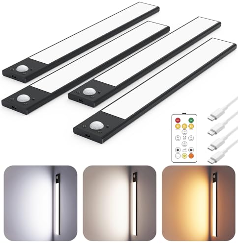12-Inch Wireless Under Cabinet Light Bar Set - Black 4 Pack with Remote & Motion Sensor