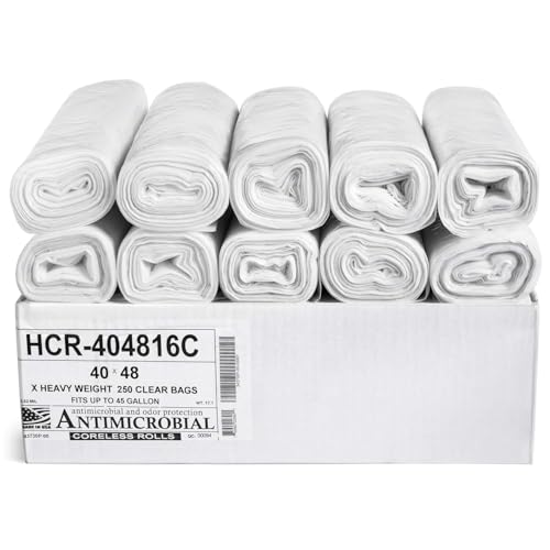 45 Gallon Clear Trash Bags | High Density 16 Micron Garbage Liners, 250 Pack