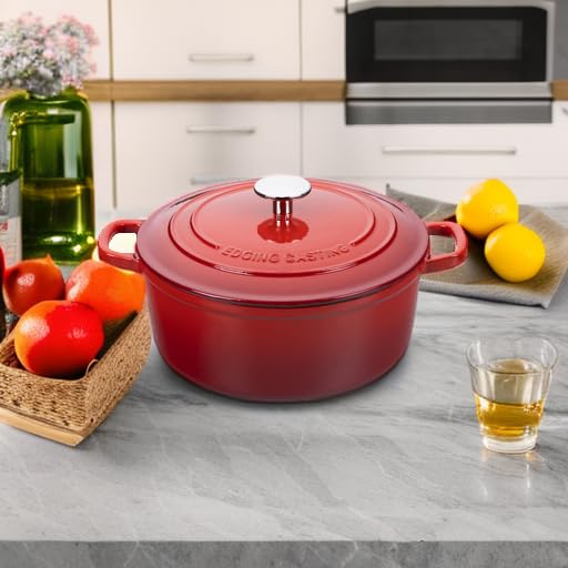 7 Quart Enamel Cast Iron Dutch Oven Pot with Lid - Red, Round, Oven Safe 500°F, Dual Handles