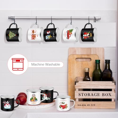 Christmas Enamel Mugs Set 12oz Black & White Coffee Cups - 9 Pack