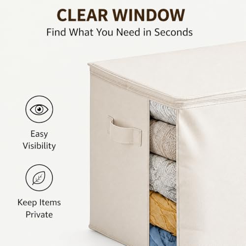 TomVista 3-Pack Beige Cotton Canvas Storage Bags 70L with Clear Window - Space-Saving Closet Organizer