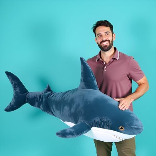 Blue 47.2 Inch XXL Shark Plush Body Pillow for Kids & Adults - Giant Soft Stuffed Animal Decor & Stress Relief Gift