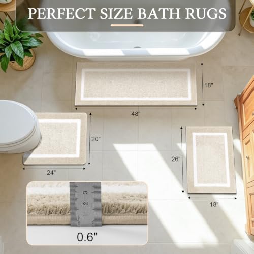 Pauwer 3-Piece Non-Slip Bathroom Rug Set with U-Shaped Toilet Mat - Light Beige, 18x26/18x48 inches