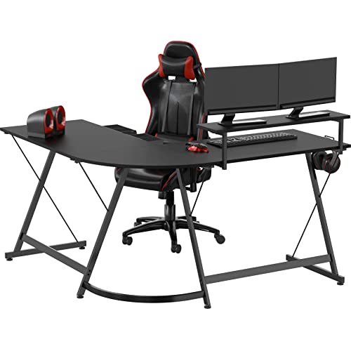 SHW Black 51x51 L-Shaped Corner Desk with Monitor Stand & Drawer