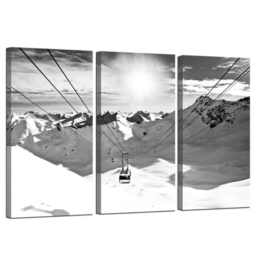 Winter Ski Lift Wall Art Canvas Print - Black & White Mountain Landscape Decor