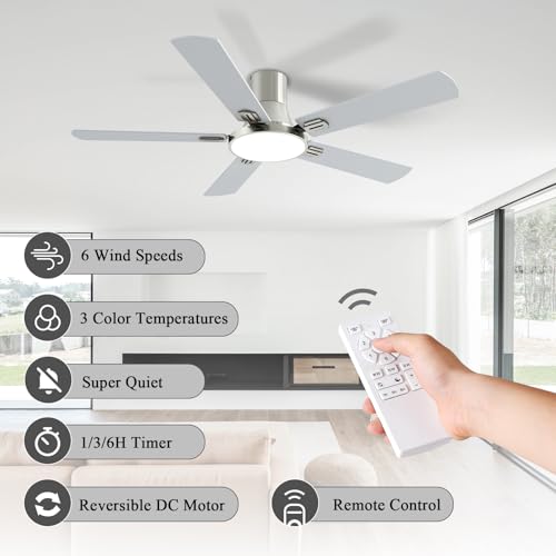 52 Inch Brushed Nickel Ceiling Fan with Lights and Remote - Flush Mount, Reversible DC Motor, Quiet & Dimmable