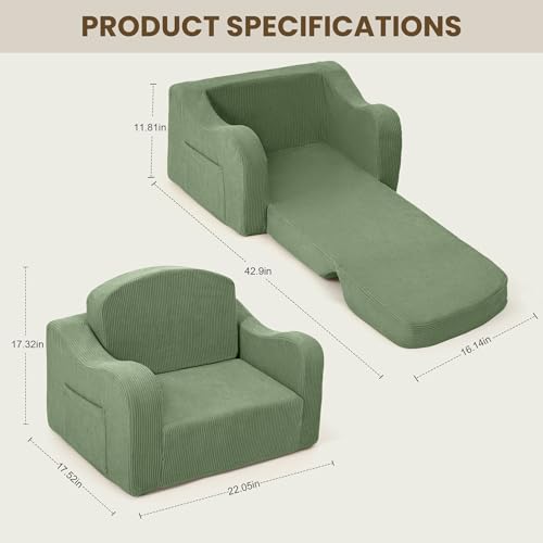 Airpanda Kids Sofa Chair 2-in-1 Fold-Out Foam Couch, Green Corduroy – Toddler Kids' Play & Reading Seat