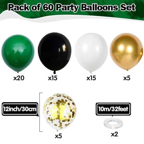 Black Gold Green Balloons 60 Pcs Dark Green White Black Metallic Gold Balloons 12 Inch Football Soccer Video Game Christmas Balloon for Boy Men Jungle Graduation Baby Shower Birthday Party Decorations