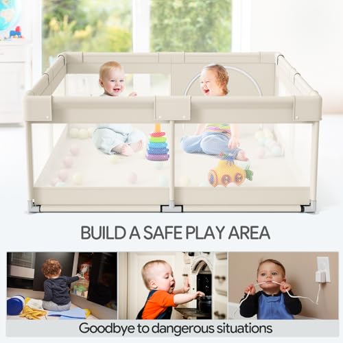 Baby Playpen 47x47 Inch Beige - Safety Mesh Play Yard with Storage & Suction Cups
