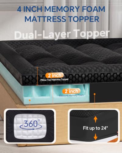 BEDELITE Dual Layer Memory Foam Mattress Topper Twin XL Black 4 Inch Cooling Gel Support