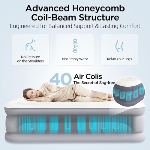 Prosenses Queen Air Mattress with Built-in Pump, 18in, Cloud Grey, Fabric-Laminated