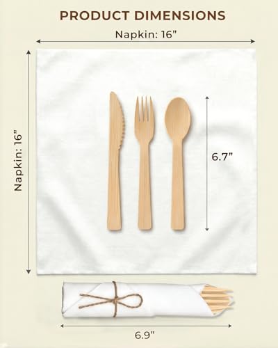50 Pack Pre-Rolled Bamboo Silverware Set with Napkins - Eco-Friendly Disposable Utensils