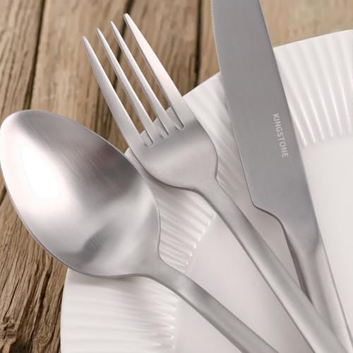 KINGSTONE 40-Piece Matte Silver Flatware Set for 8 - Modern Stainless Steel Cutlery
