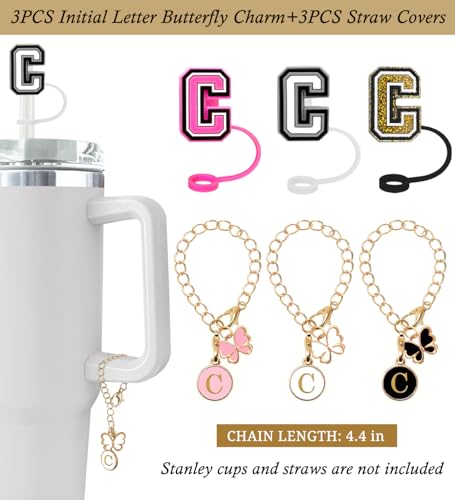 (3+3) Nuozme Butterfly Letter Straw Covers for Stanley Tumbler - C/Butterfly Variation, 3PCS