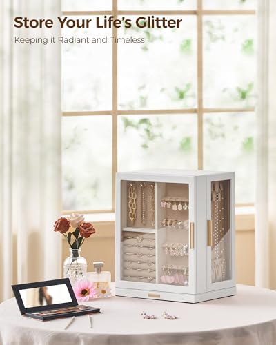 Glimmloop 360° Rotating Jewelry Box with 5 Drawers - White, Spacious Vertical Organizer with Glass Windows