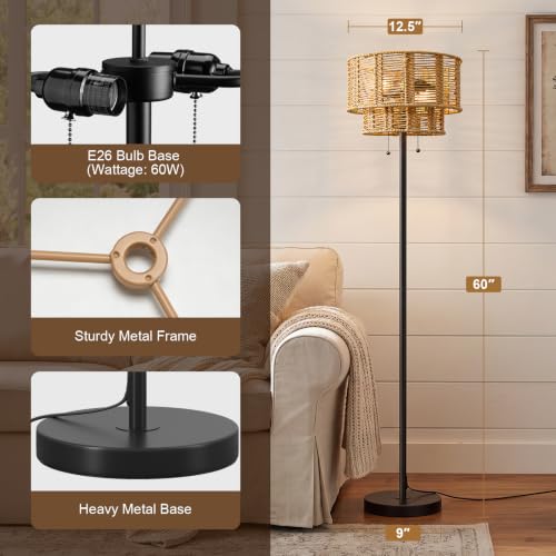 Farmhouse Floor Lamp with Rattan Shade - Black, 60-Inch Tall Living Room Lighting