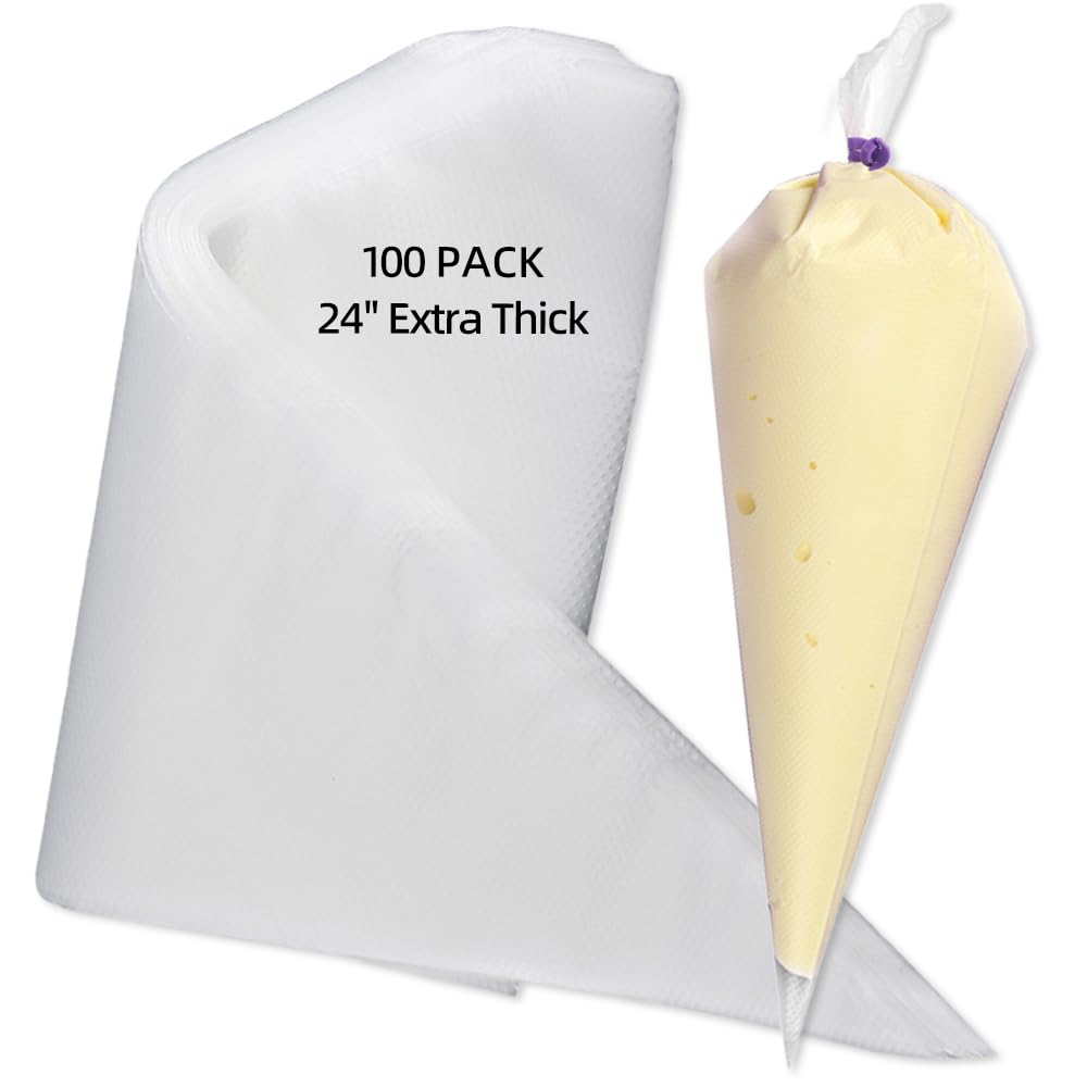 24 Inch Disposable Large Piping Bags,100 PACK Extra Large Thick Pastry Bags with 6 Bag Ties, Thickened Icing Bags,Cake Decorating Bags,Frosting Bags for Cake Decorating Cream Frosting