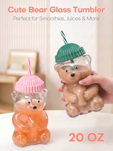 Pink & Green 20oz Bear Glass Cup with Lid & Reusable Straw - 2 Pack