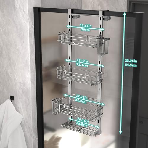 4-Tier Hanging Shower Caddy Organizer with 22 Hooks & Toothbrush Holders - Silver