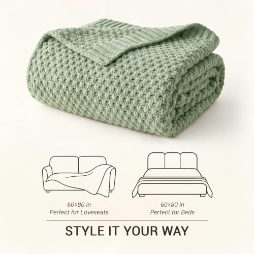 Longhui Bedding Light Green Chunky Cable Knit Throw Blanket 51 x 63 in - 100% Organic Cotton