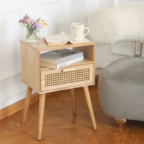 MaxSmeo Modern Nightstand with Rattan Drawer - Natural Walnut Finish - Small Space Bedroom & Living Room Side Table with Storage & Solid Wood Legs - Easy Assembly