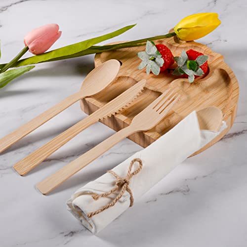 Aowutus 100 Pack Bamboo Cutlery & Napkin Set - Eco-Friendly Disposable Utensils for Parties & Events