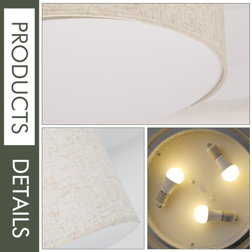 Vexagyle Linen Close to Ceiling Light Fixture - 16 Inch Modern Drum Light with Double Fabric Shade for Bedroom & Living Room