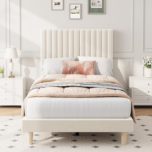 Beige Twin Bed Frame with Adjustable Velvet Headboard - Modern Platform Bed