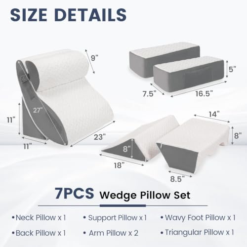 White Grey 7PCS Orthopedic Wedge Pillow Bed Set for Post Surgery & Support - Supportive Bed Wedges