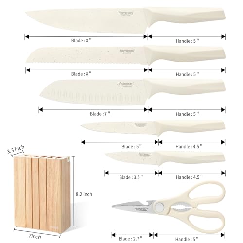 White Stem Wooden Seat 8-Piece Knife Set with Block & Built-in Sharpener
