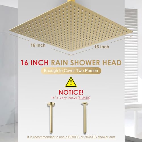 16 Inch Square Brushed Gold Rain Shower Head Ceiling Mount - All Metal Stainless Steel, Waterfall Bathroom Square Showerhead