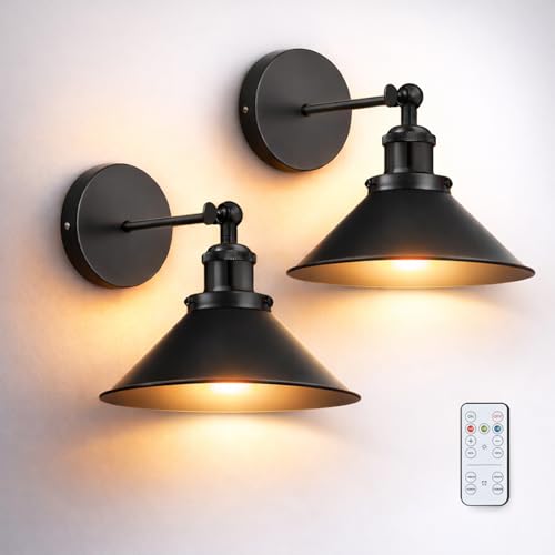 Battery Operated Wall Sconce Set of 2 - Dimmable Indoor Wall Lights with Remote, Black