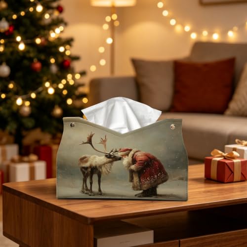 UTELKA Santa Deer Tissue Box Cover Rectangle, Winter Holder 9.8x6x7