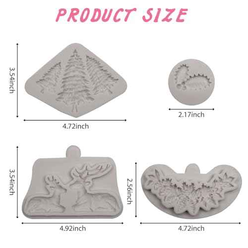 Christmas Reindeer Silicone Molds Set, Reindeer and Pine Tree Fondant Molds, Holly Leaves Cake Decorating Tools