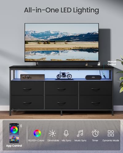 SONGMICS Wide 6-Drawer Dresser in Ink Black with Open Shelf - 13.8"D x 57.8"W x 26.8"H