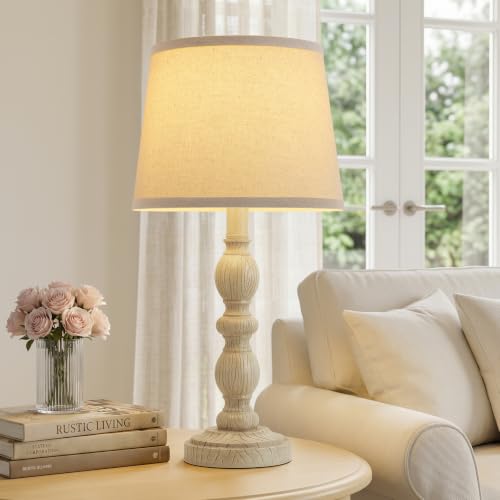 GyroVu Creamy White Rustic Farmhouse Set of 2 Bedside Table Lamps with Linen Shade - 20.5 inches
