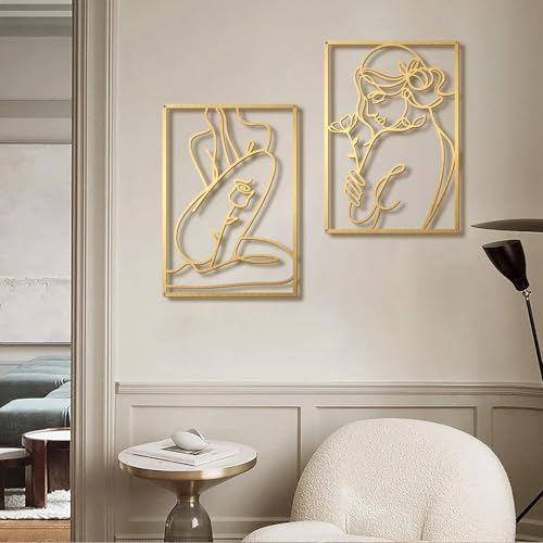 Bakovity Gold Metal Abstract Wall Art Set 22.5 x 15.7 in - Floral Minimalist Line Decor for Bedroom & Living Room