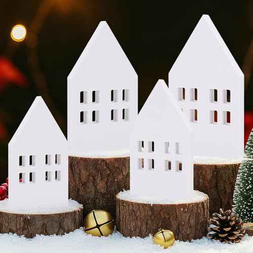 4pcs Wooden House Home Sign for Tiered Tray Table Centerpiece Decorations,Rustic Farmhouse White Small Wood Houses Shaped Sign for Coffee Table,Living Room Home Kitchen Decor