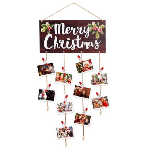 Brown Christmas Card Holder with 30 Snowflake Clips – Wooden Photo Display