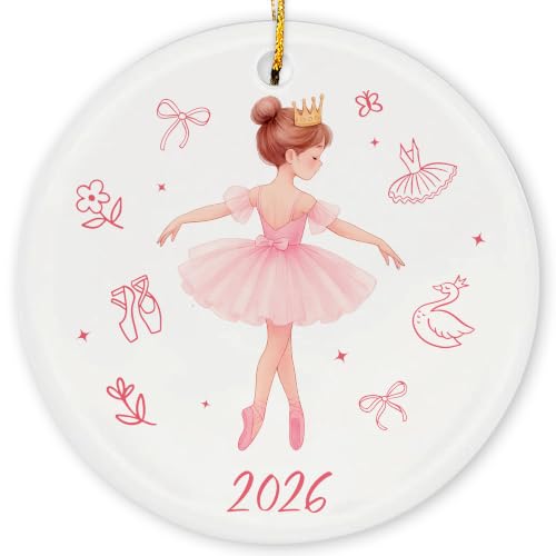 Ballet Dancer Ornament 3in - Pink Dress, Gold Crown, 2025 Edition Christmas Tree Decoration