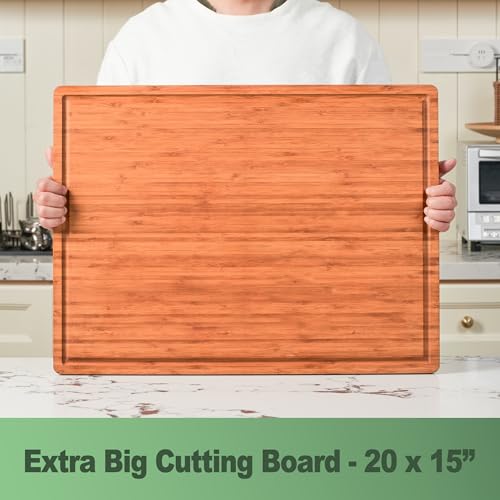 Allsum XL Bamboo Cutting Board 20x15 Inches with Juice Grooves & Handles - Reversible Butcher Block, Cheese Board, Thick 1"